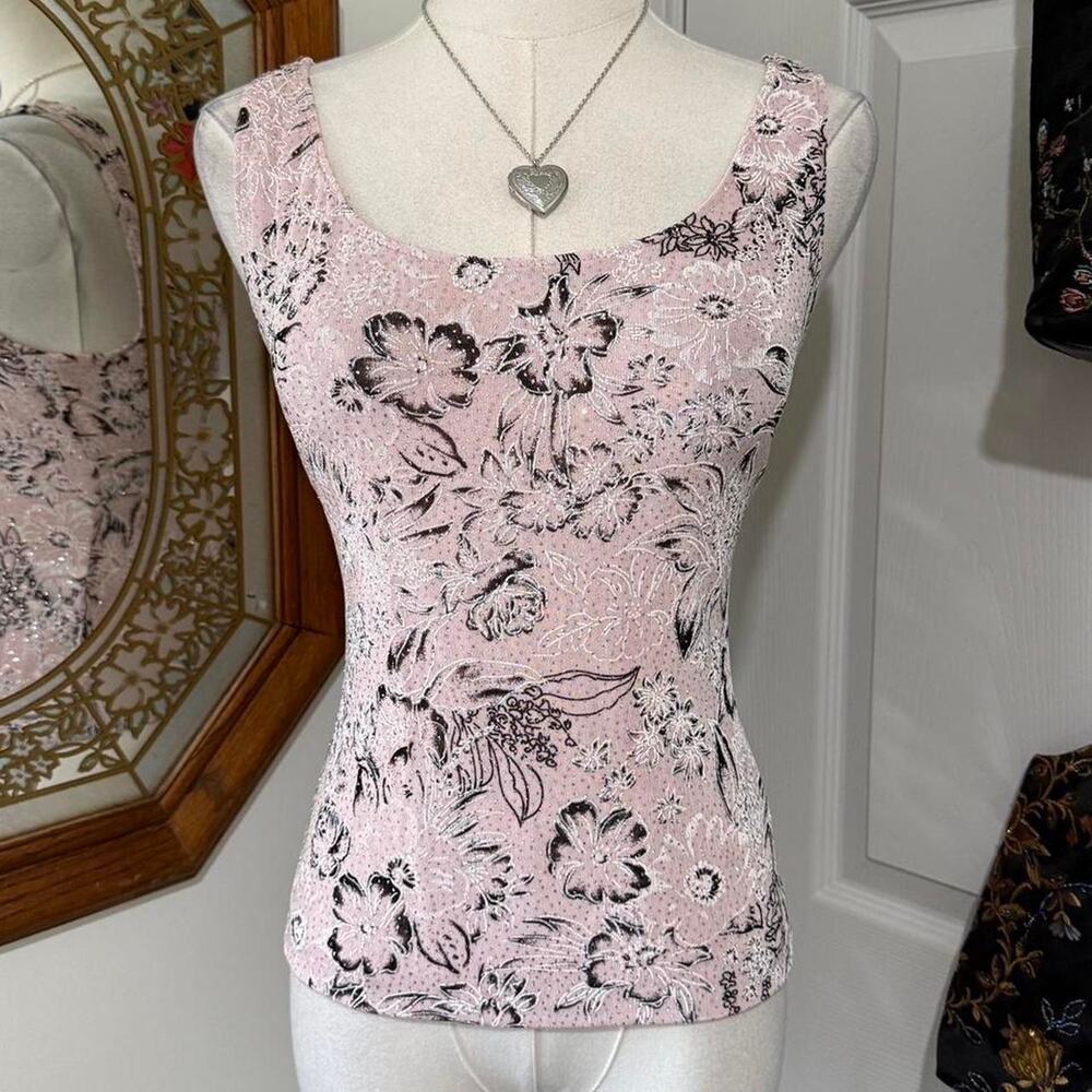 VTG Y2K Alex Evenings Light Pink, Black & Silver Floral Glitter Slinky Tank Top